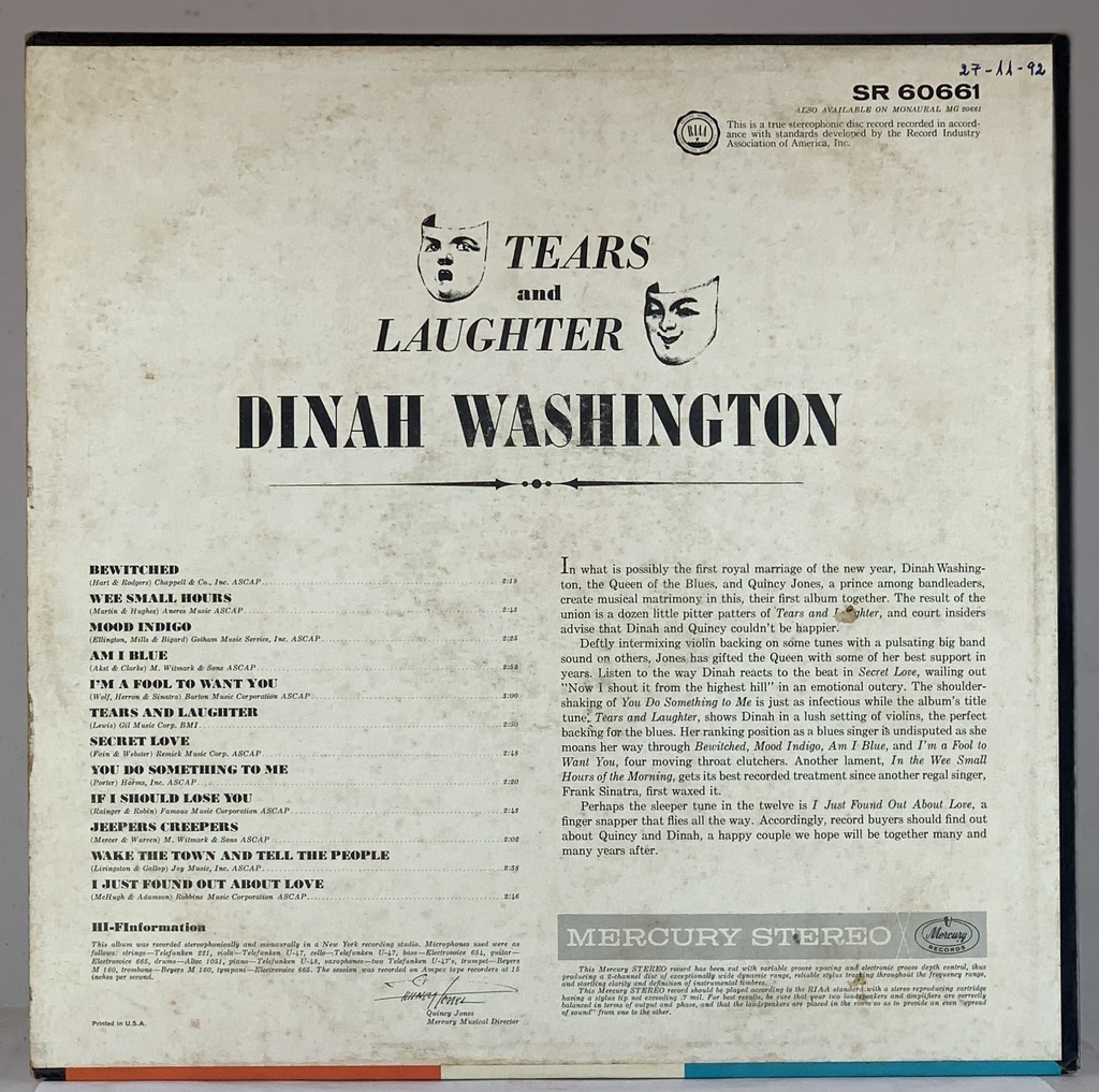 Dinah Washington - Tears And Laughter [C/ Orquestra de Quincy Jones] (LP usado)