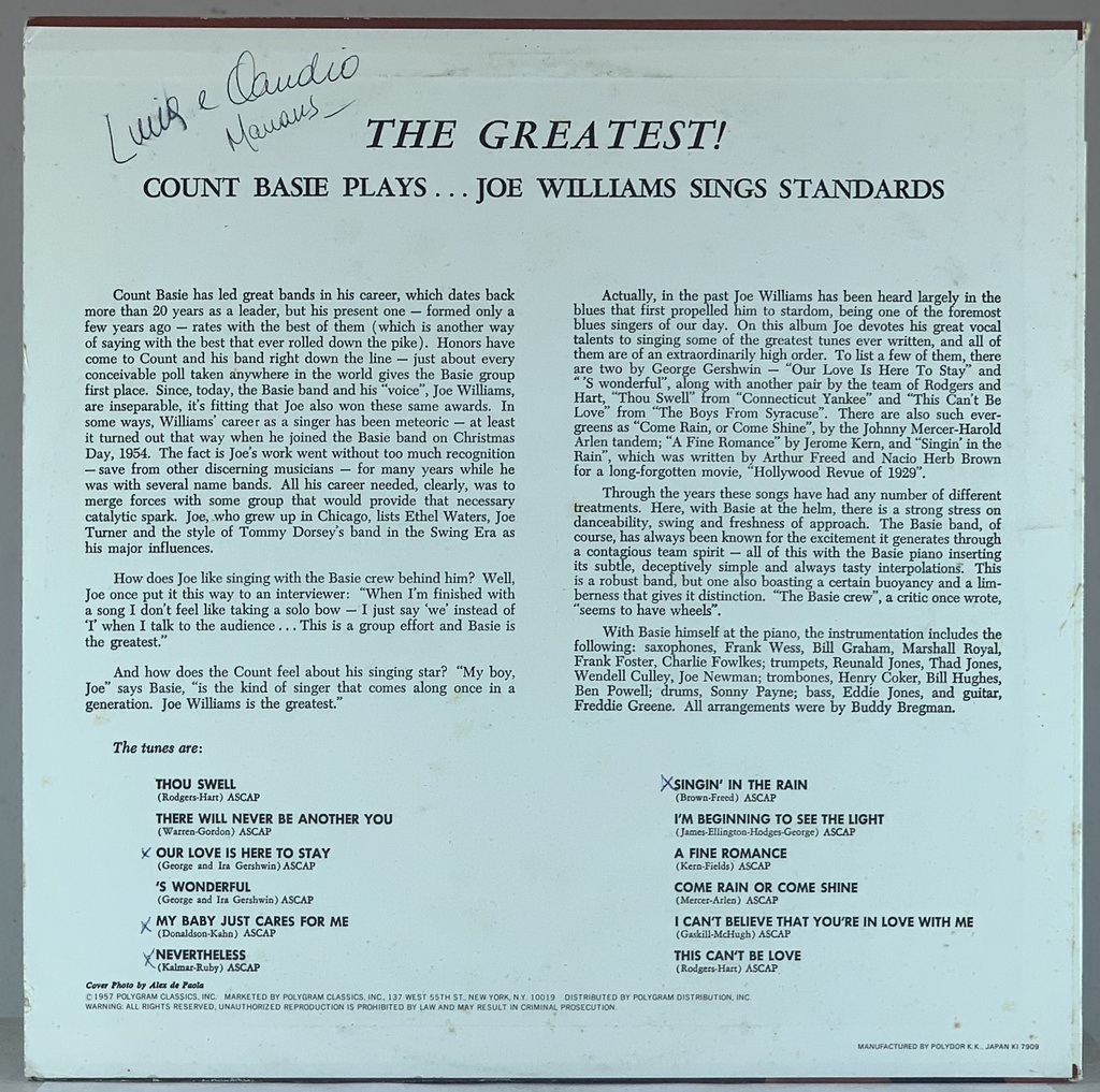 Count Basie, Joe Williams – The Greatest!! [Count Basie Plays...Joe Williams Sings Standards]  (LP usado)