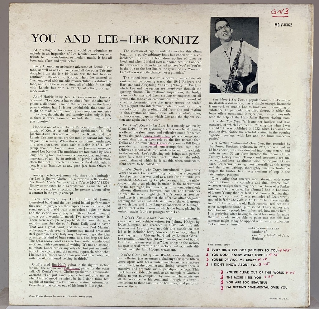 Lee Konitz / Arrangements by Jimmy Giuffre – You and Lee (LP usado)