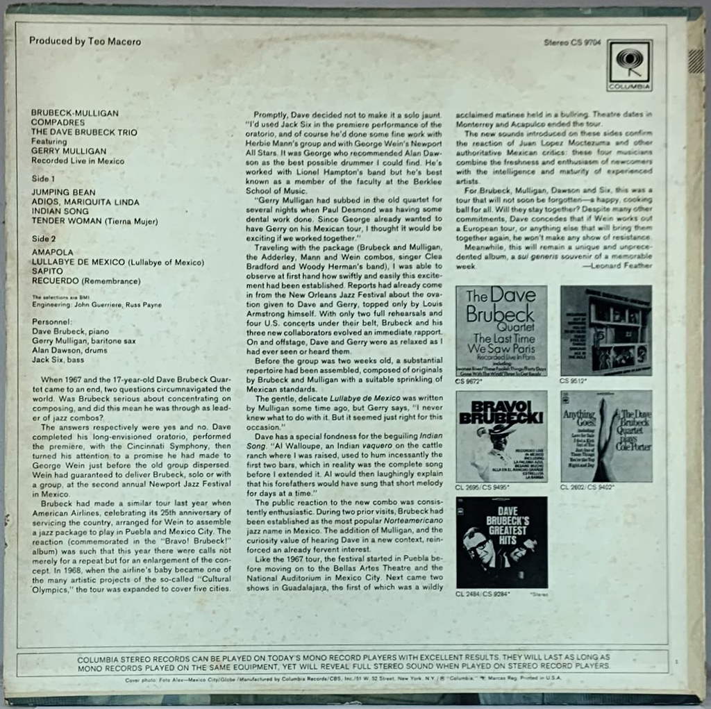 Dave Brubeck Trio featuring Gerry Mulligan - Compadres (LP usado)