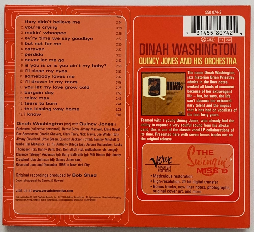 Dinah Washington with Quincy Jones and his Orchestra – The Swingin' Miss "D" (CD usado)